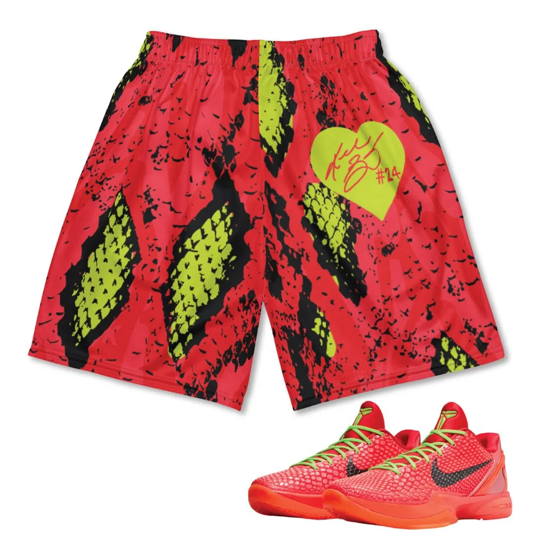 Breezy Layer Stretch Waist Reverse Grinch Kobe 6 Protro Snakeskin Print Mesh Basketball Shorts
