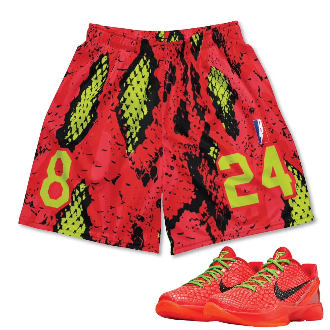 MultiPocket Design Reverse Grinch Kobe 6 Protro Snakeskin Print Mesh Basketball Shorts