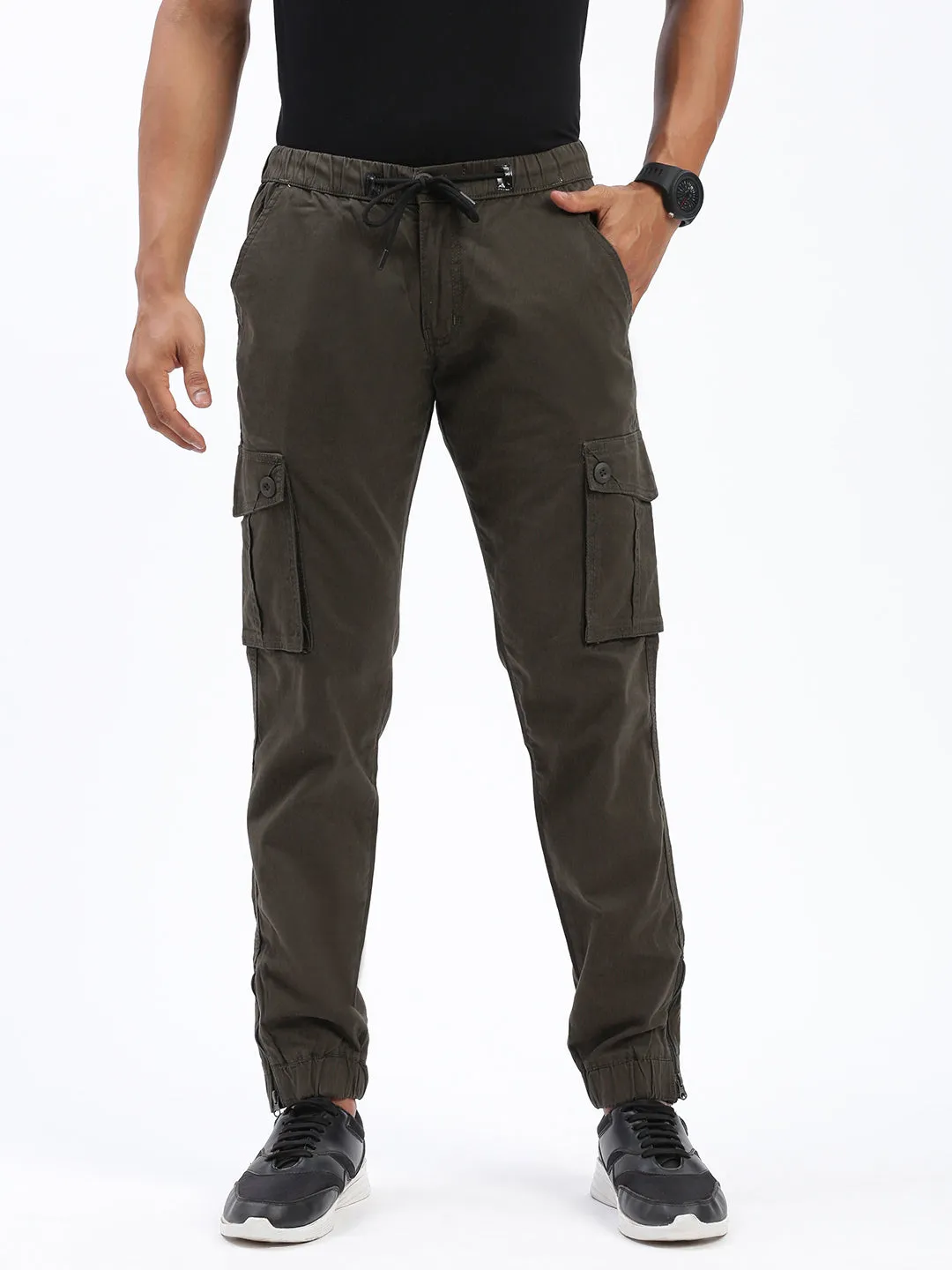 Men's Olive Comfort Slim Fit Low-Rise Cotton Joggers Trousers Sporty Cut Perfect Design