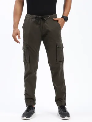 Men's Olive Comfort Slim Fit Low-Rise Cotton Joggers Trousers Sporty Cut Perfect Design
