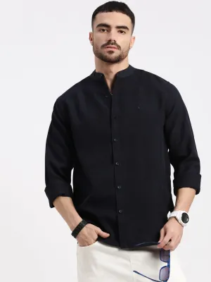 Men's Navy Blue Standard Band Collar Solid Cotton Slim Fit Casual Shirt Polish Tone