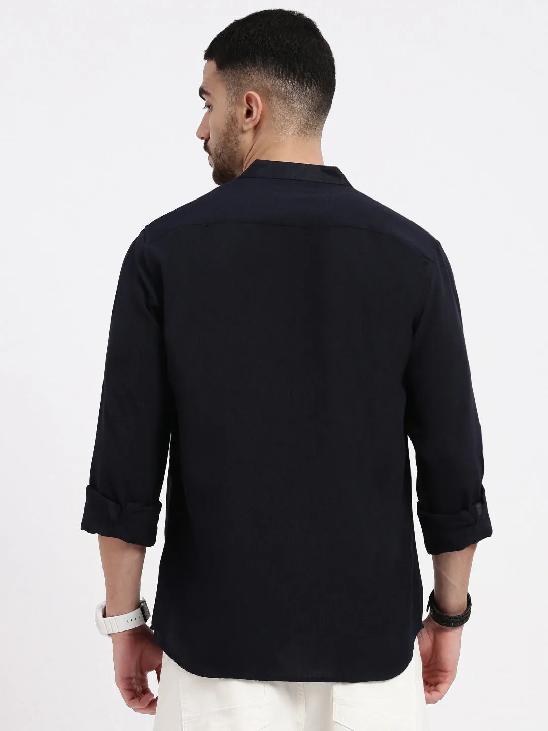 Men's Navy Blue Standard Band Collar Solid Cotton Slim Fit Casual Shirt EasyAdjustment