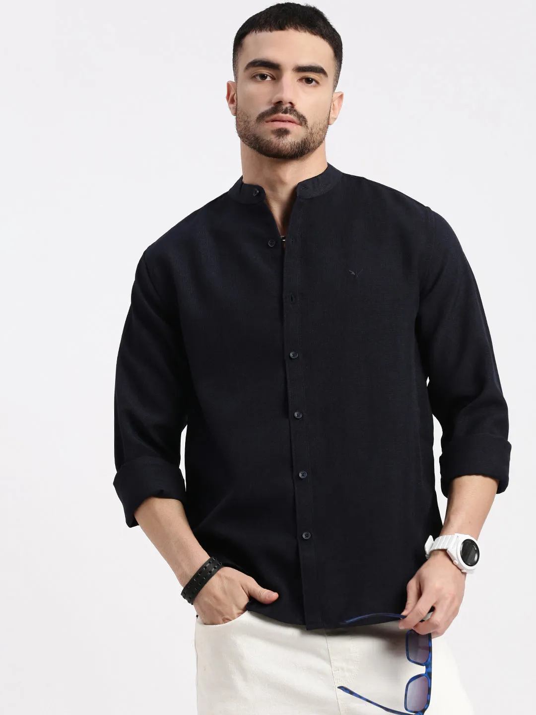 Men's Navy Blue Standard Band Collar Solid Cotton Slim Fit Casual Shirt Polish Tone