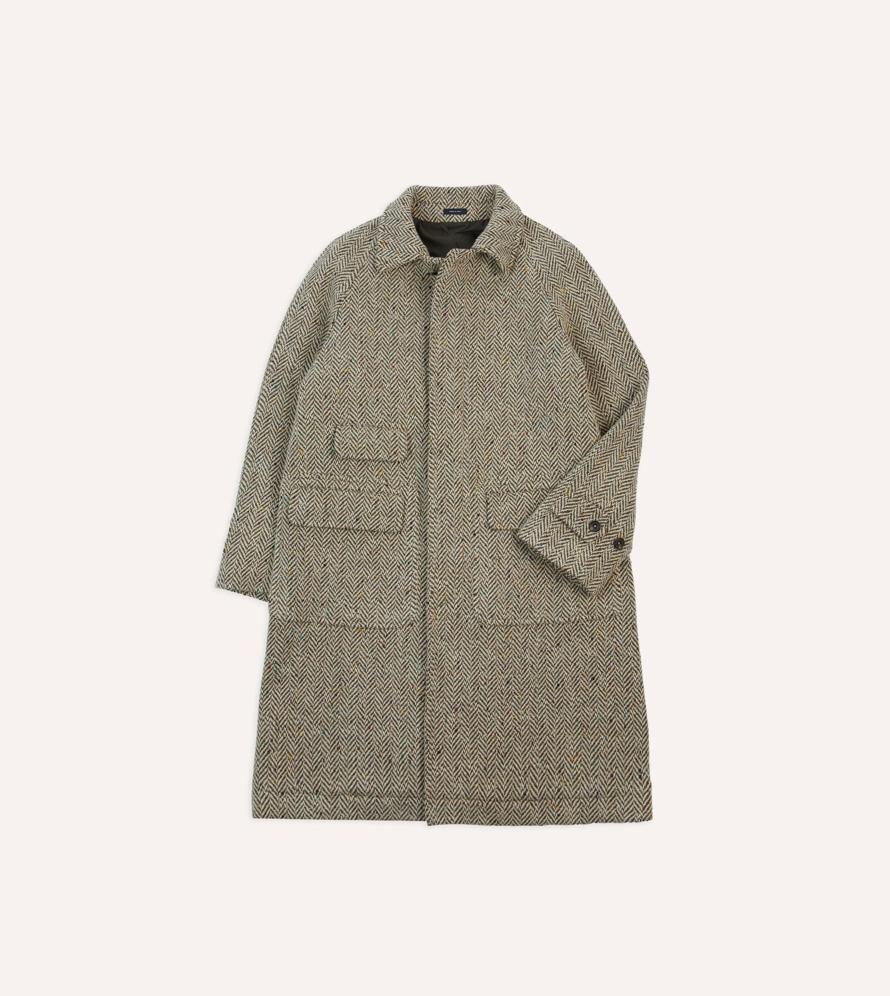 Organic Cotton Blend Taupe Herringbone Flecked Wool Raglan Coat
