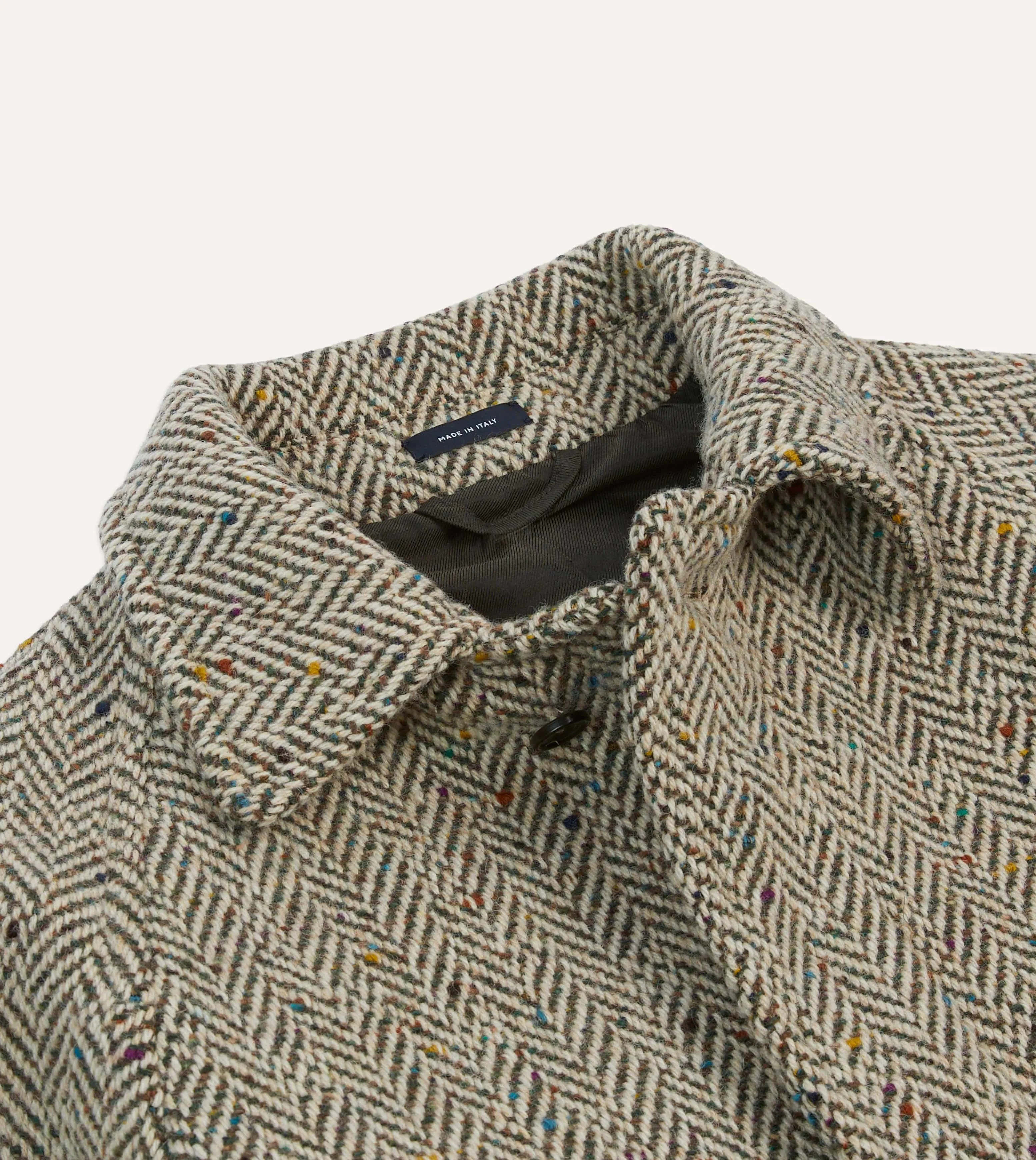 Insulated Layer Reinforced Seam Durability Taupe Herringbone Flecked Wool Raglan Coat