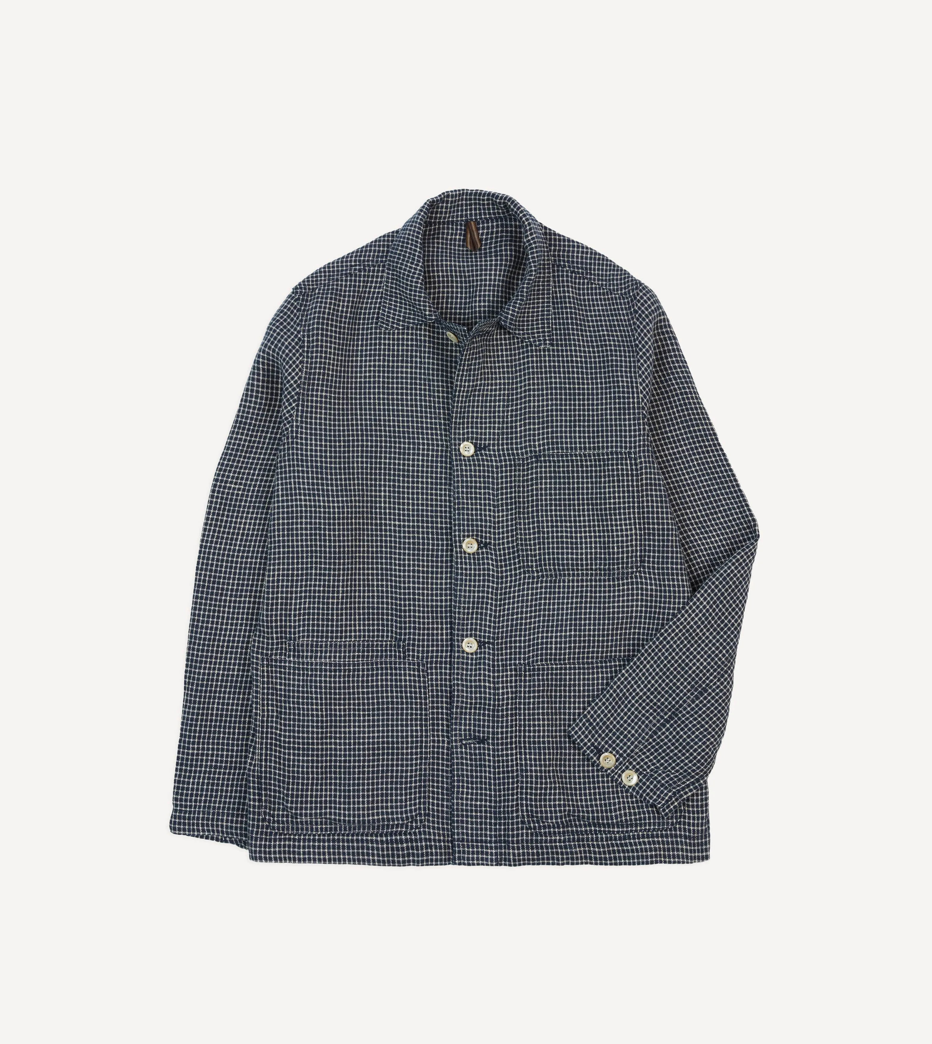 St. JOHN by Drake's Navy Check Linen Fatigue Jacket Cool Tone Dual Layer Insulation
