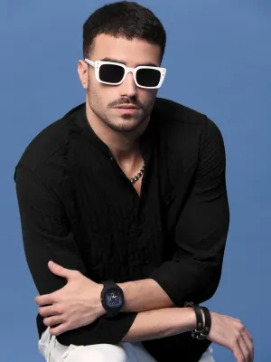 Zoom Proper Men's Black Band Collar Solid Slim Fit Cotton Shirt