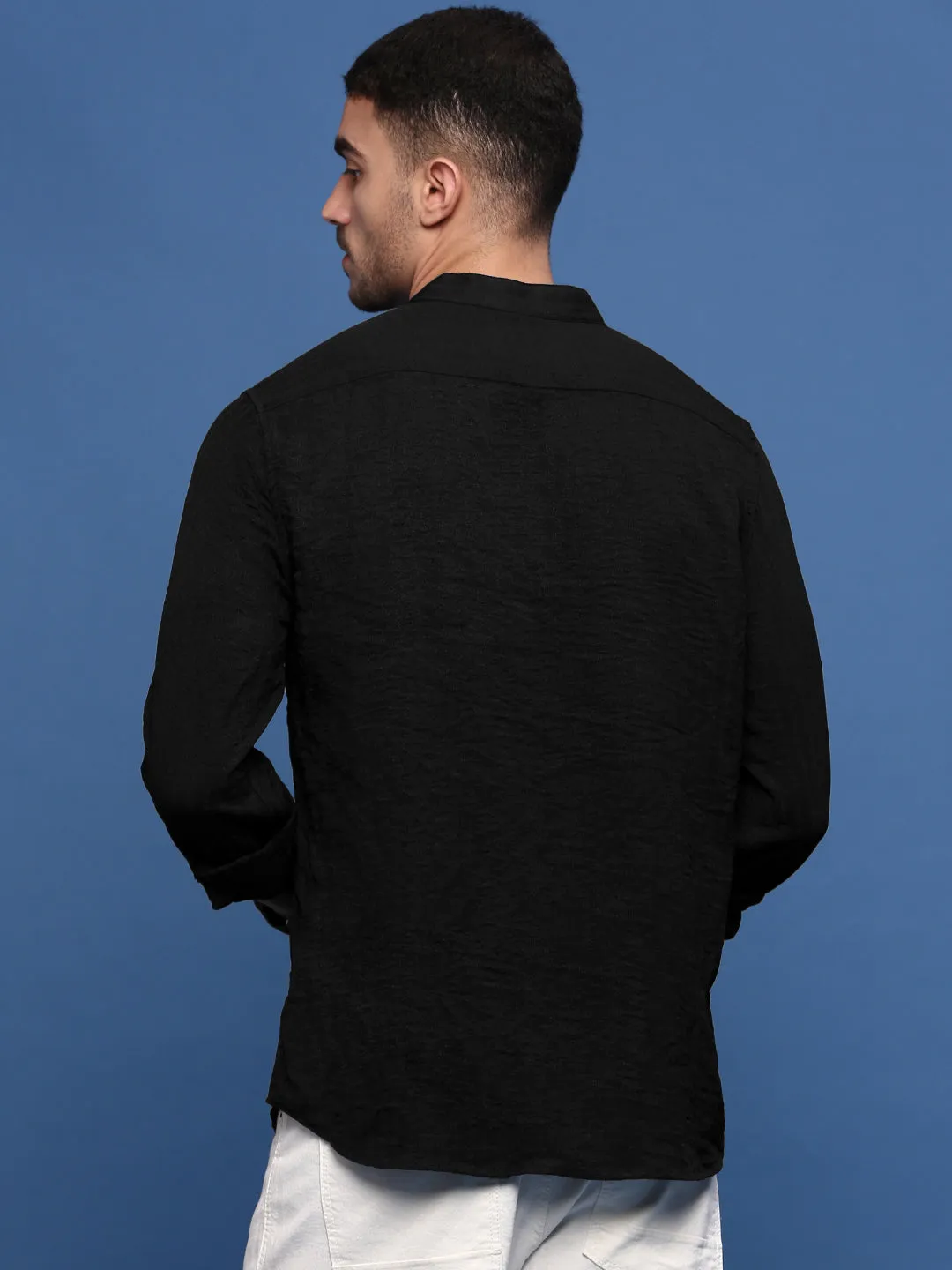 Casual Shirt Men's Black Band Collar Solid Slim Fit Cotton Shirt