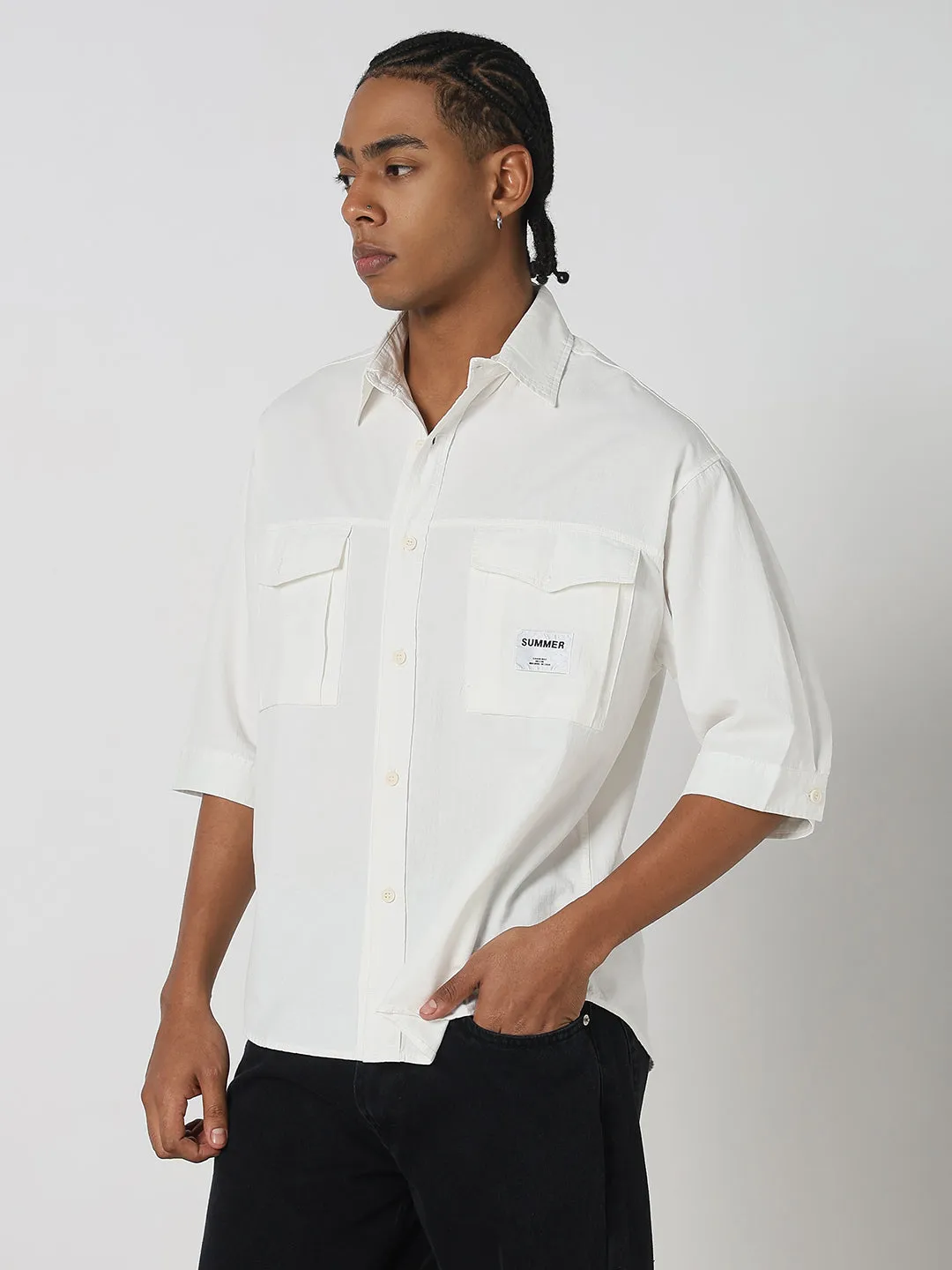 AntiStaticLining Comfortable Jumpsuit Men's White Solid Regular Sleeve Oversized Shirt