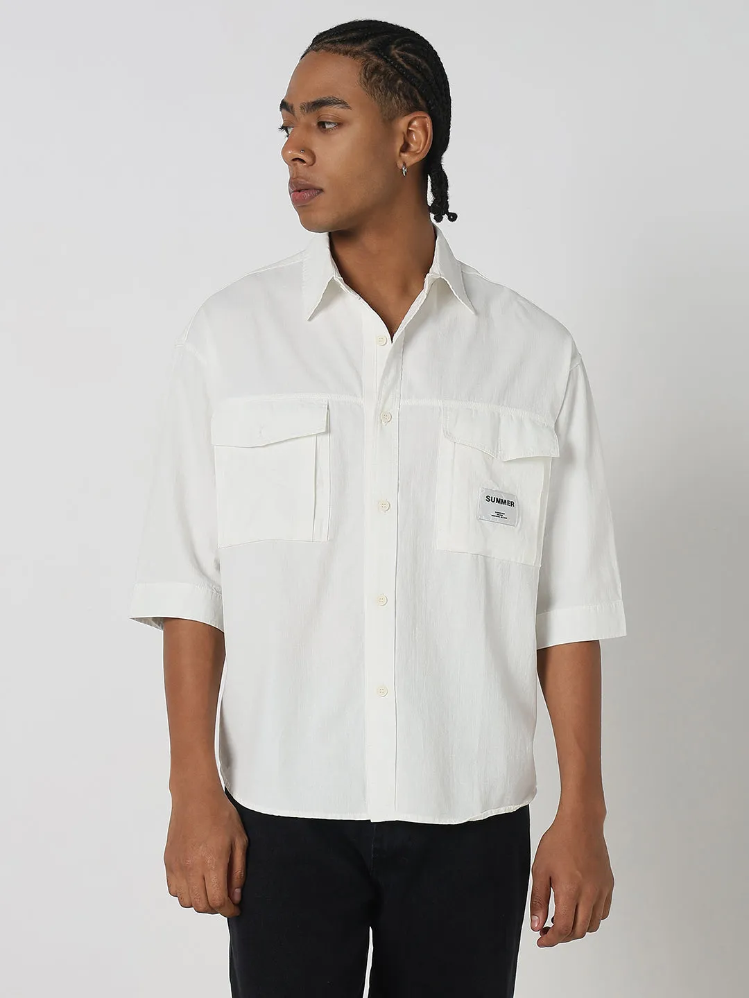 Simple Fashion Easy Wear Men's White Solid Regular Sleeve Oversized Shirt