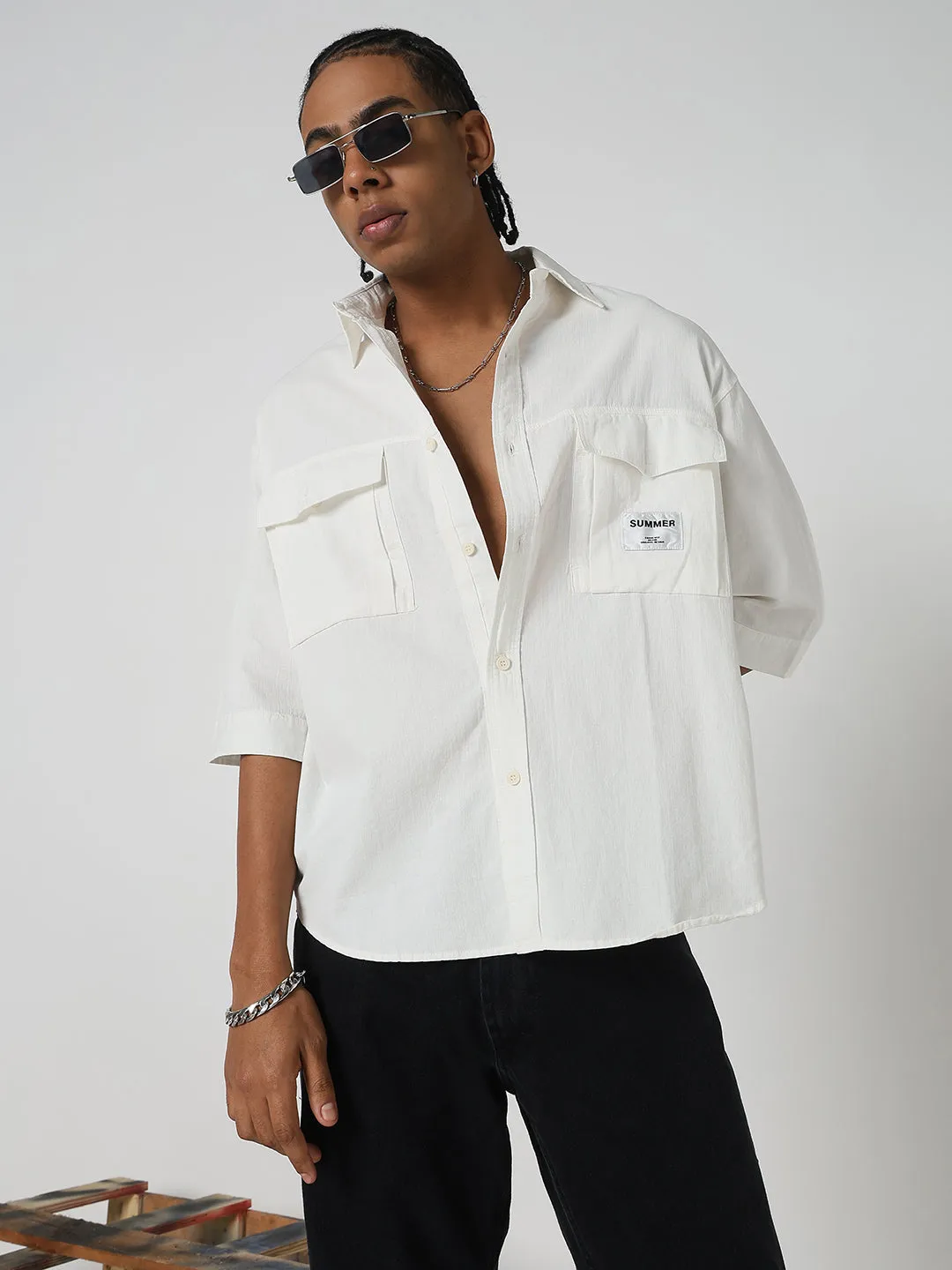 Holiday Glow Men's White Solid Regular Sleeve Oversized Shirt