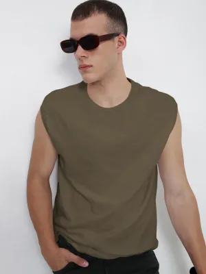 Men's Olive Round Neck Regular Fit Sleeveless T-Shirt Organic Ease LowBulkFabric