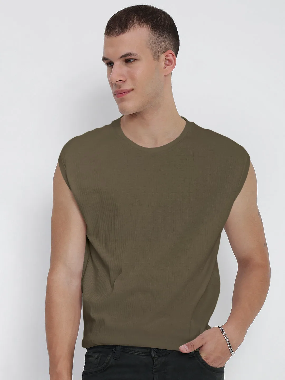 Men's Olive Round Neck Regular Fit Sleeveless T-Shirt Casual Footwear