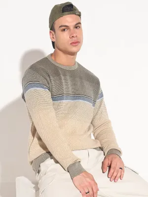 Hypoallergenic Yarn Men's Colourblocked Beige Ribbed Round Neck Sweater