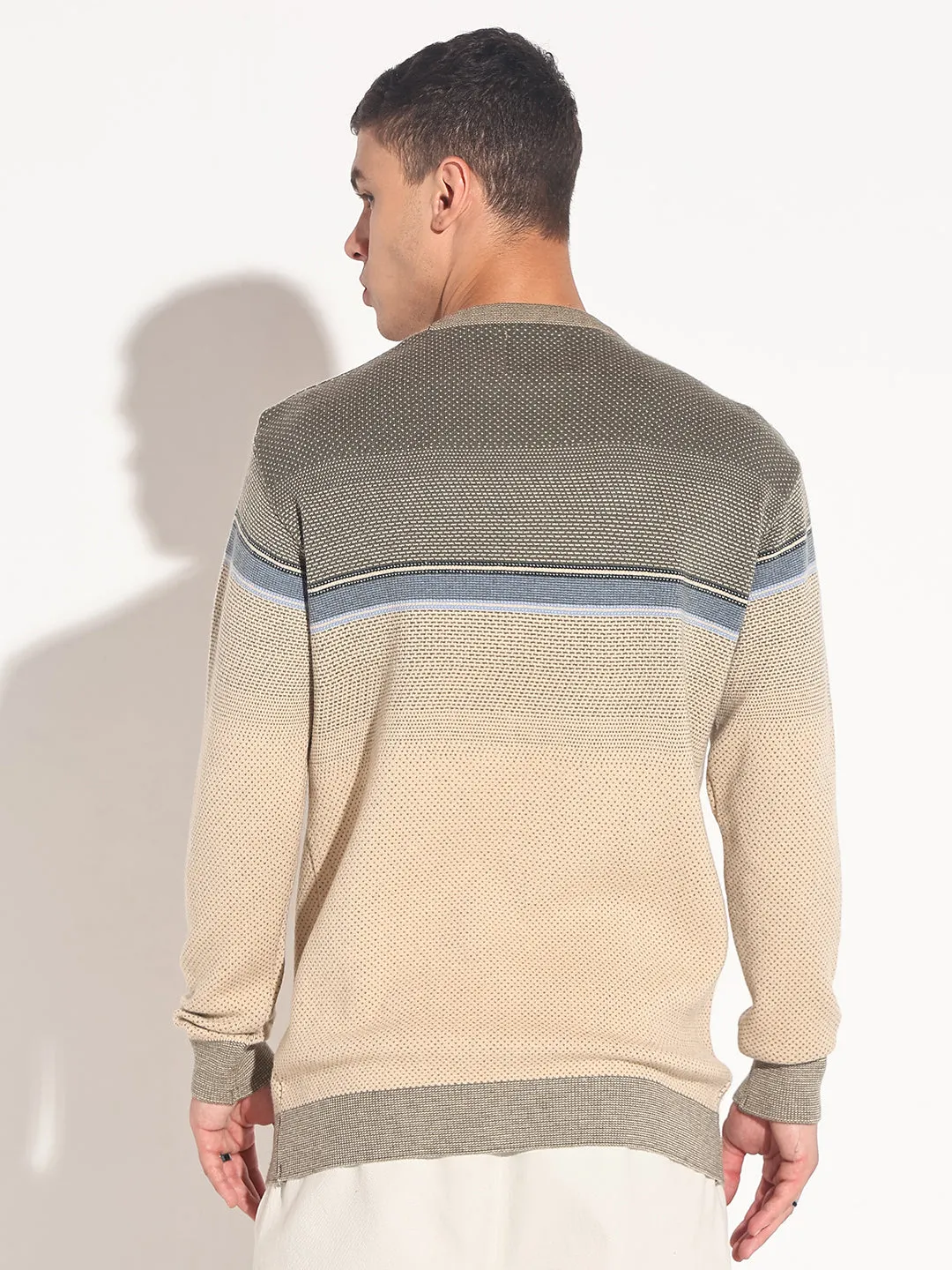 Home Casual Men's Colourblocked Beige Ribbed Round Neck Sweater