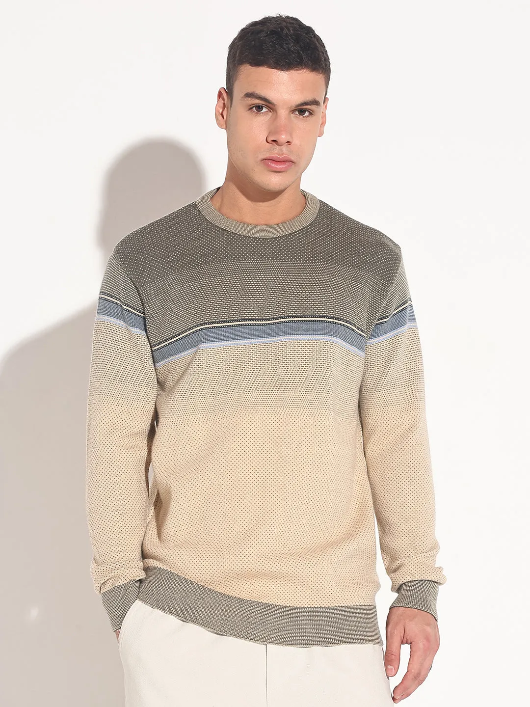 Men's Colourblocked Beige Ribbed Round Neck Sweater AntiStatic Lining