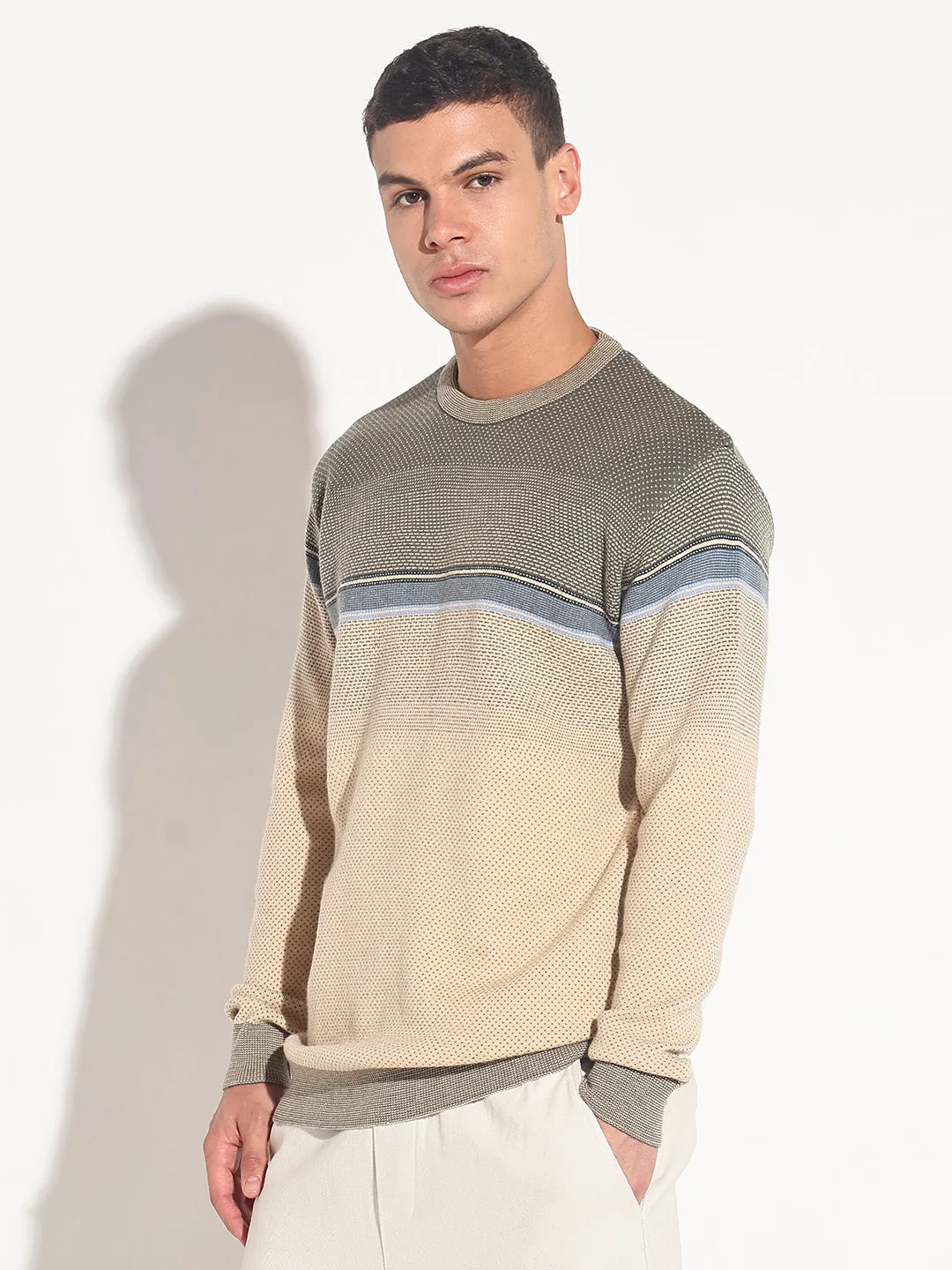 Men's Colourblocked Beige Ribbed Round Neck Sweater Simple Wear Minimalist Aesthetic