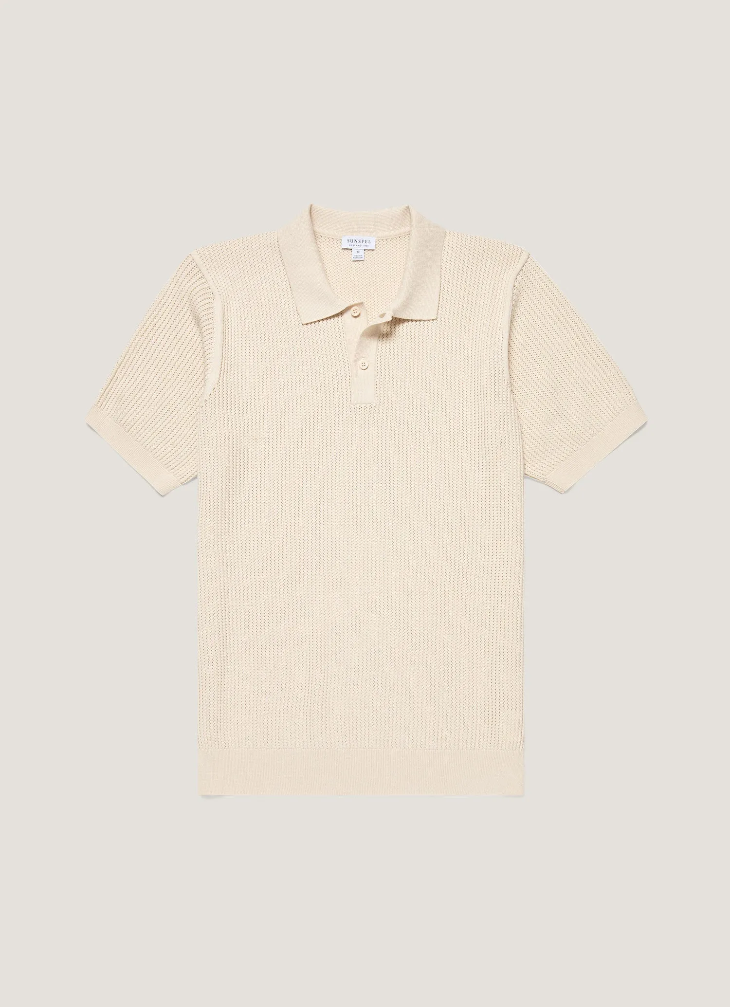 Relaxed Crew Neck Recycled Polyester Men's Linear Mesh Knit Polo Shirt in Ecru