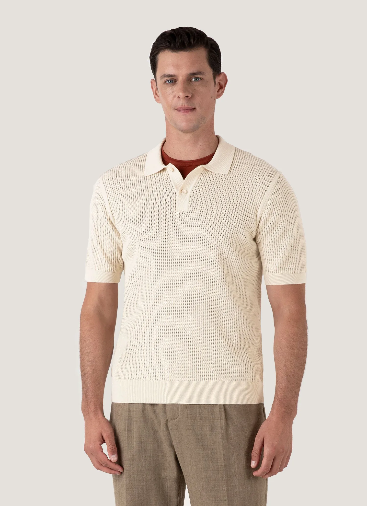Essential Look Men's Linear Mesh Knit Polo Shirt in Ecru