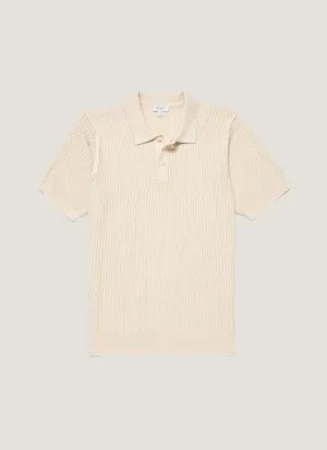 Relaxed Crew Neck Recycled Polyester Men's Linear Mesh Knit Polo Shirt in Ecru