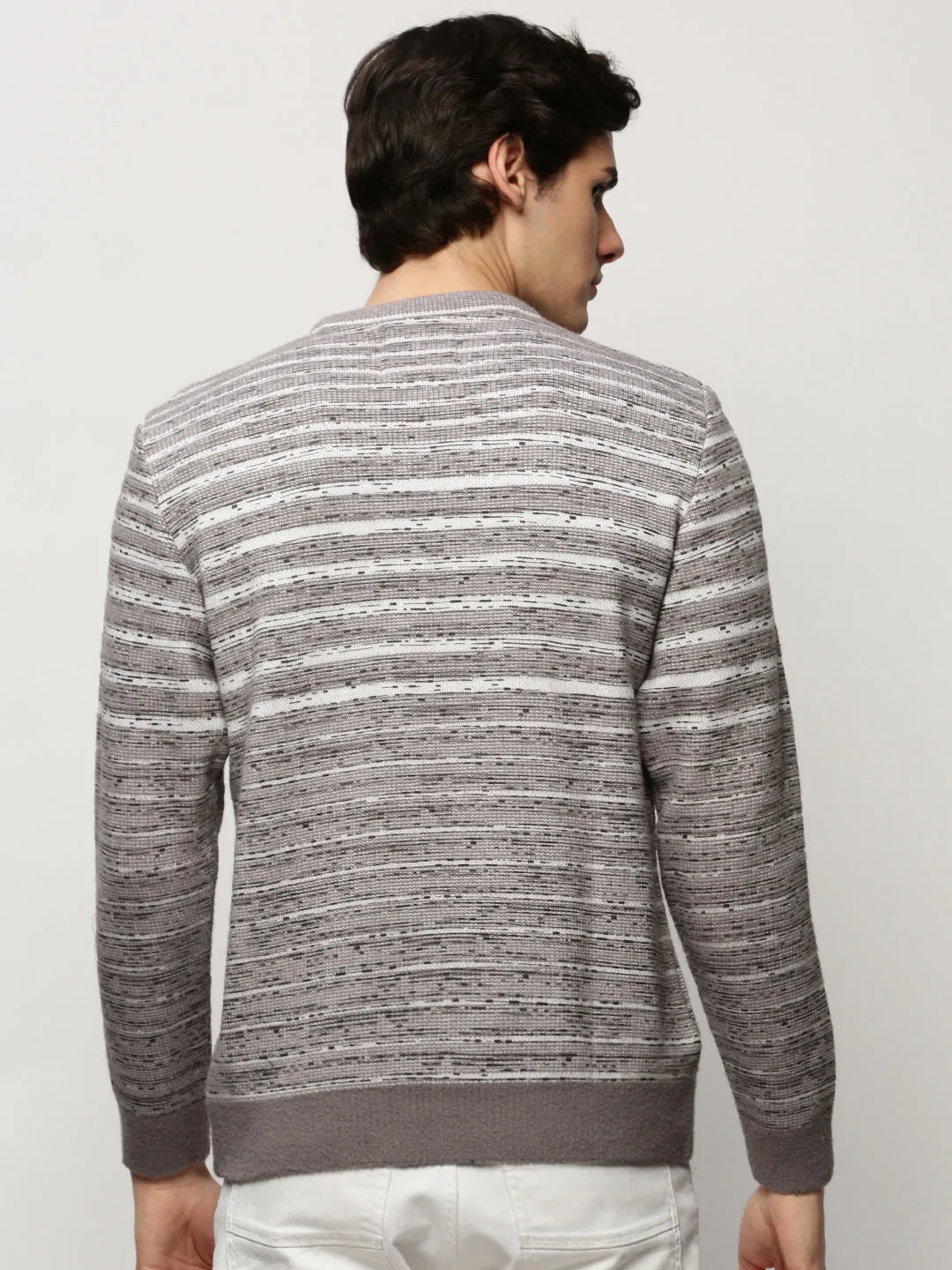 Morning Wear Men's Grey Striped Acrylic Pullover