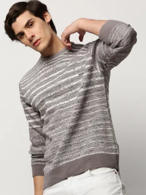 Men's Grey Striped Acrylic Pullover Minimal Comforted