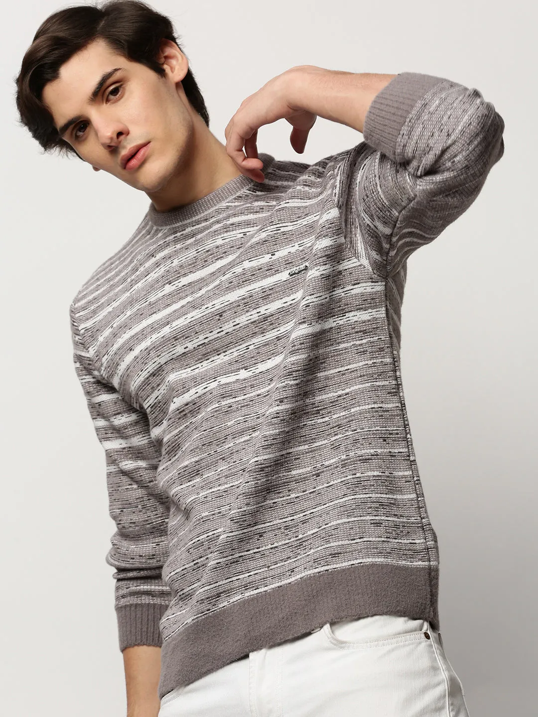 Men's Grey Striped Acrylic Pullover Minimal Comforted
