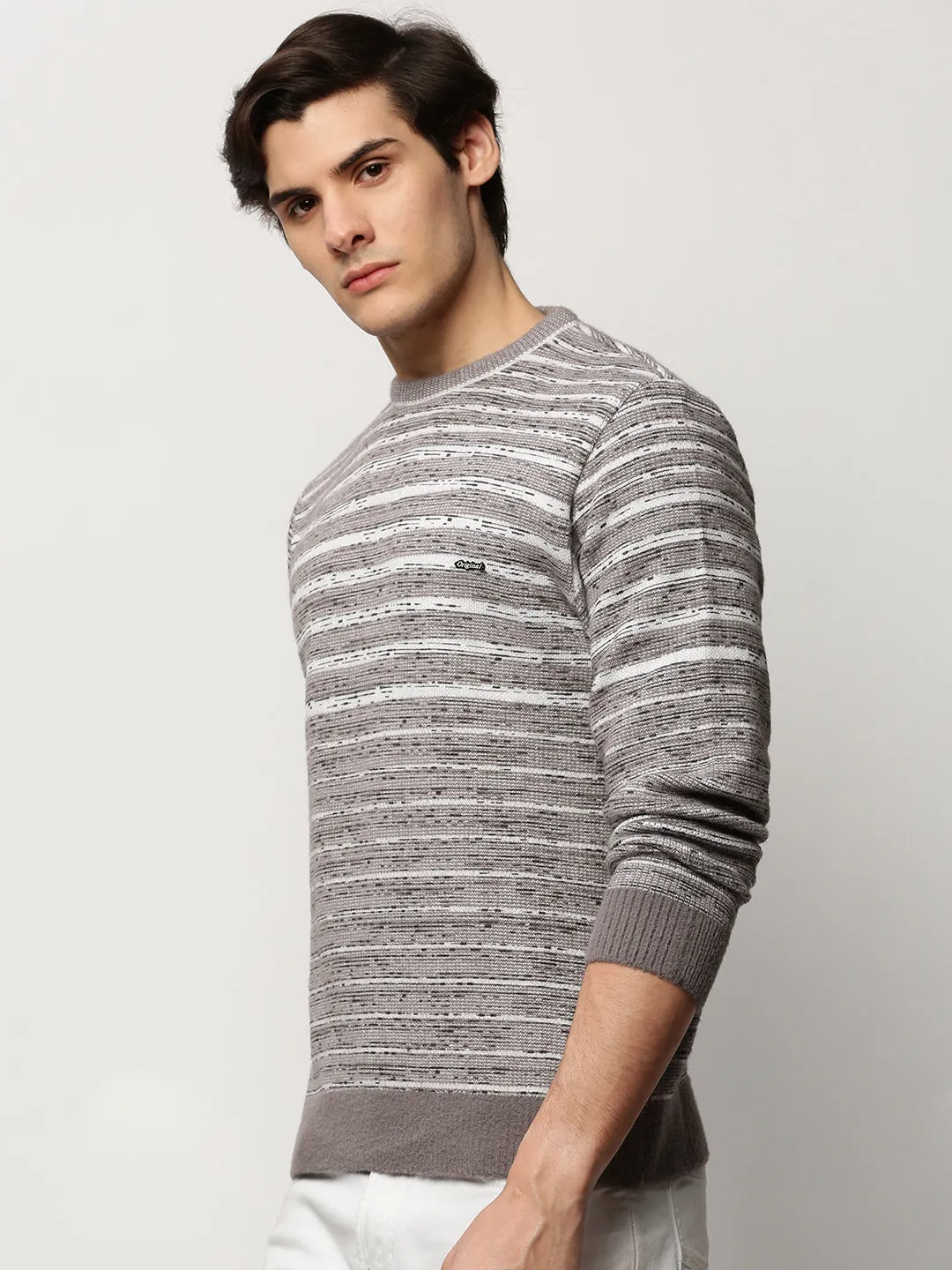 Men's Grey Striped Acrylic Pullover LowMaintenance Fabric