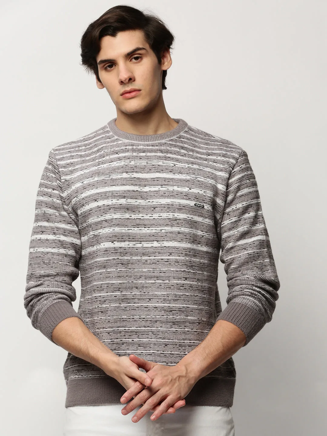 Men's Grey Striped Acrylic Pullover Off-Duty Fit