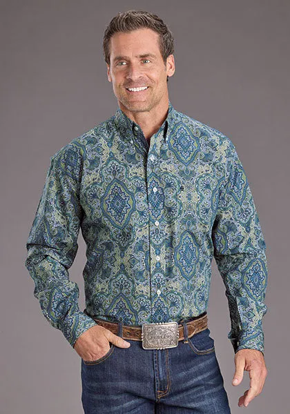 Stetson Men's Marble Paisley Western Button Down Shirt in Blue Heavyweight Weave Comfy Wear Fit