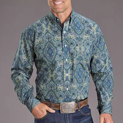 Stetson Men's Marble Paisley Western Button Down Shirt in Blue No-Shrink Fabric Clean Cut