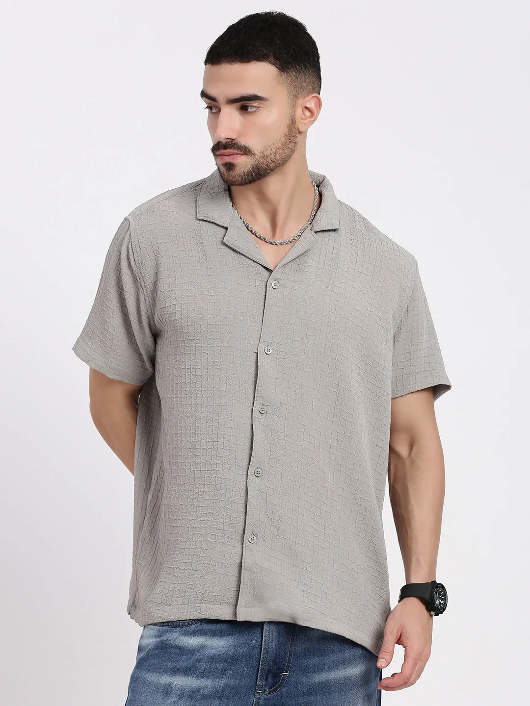 Men's Grey Cuban Collar Relaxed Fit Solid Shirt Vital Core