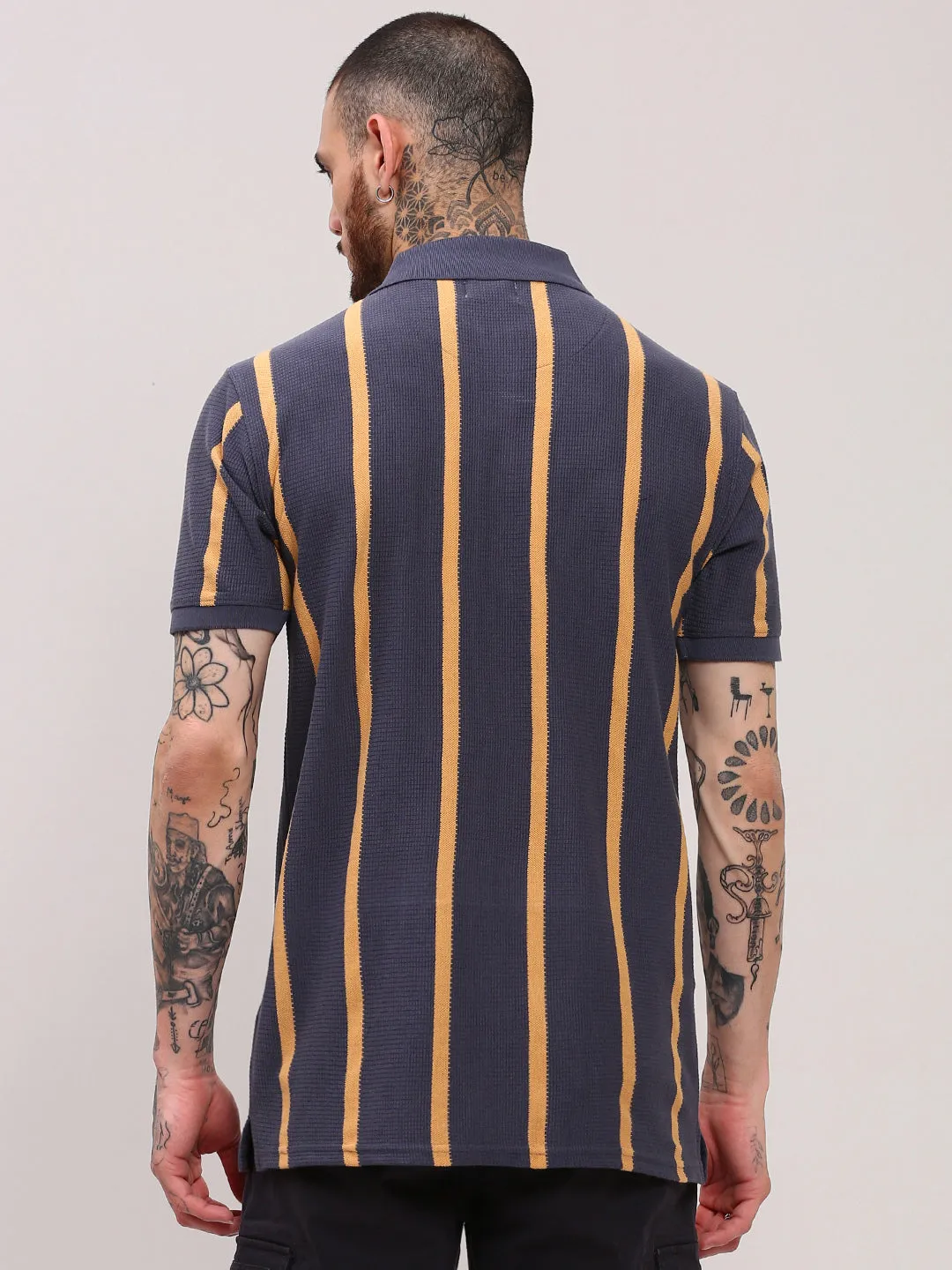 Men's Grey Striped Polo Collar T-Shirt Repair Fit