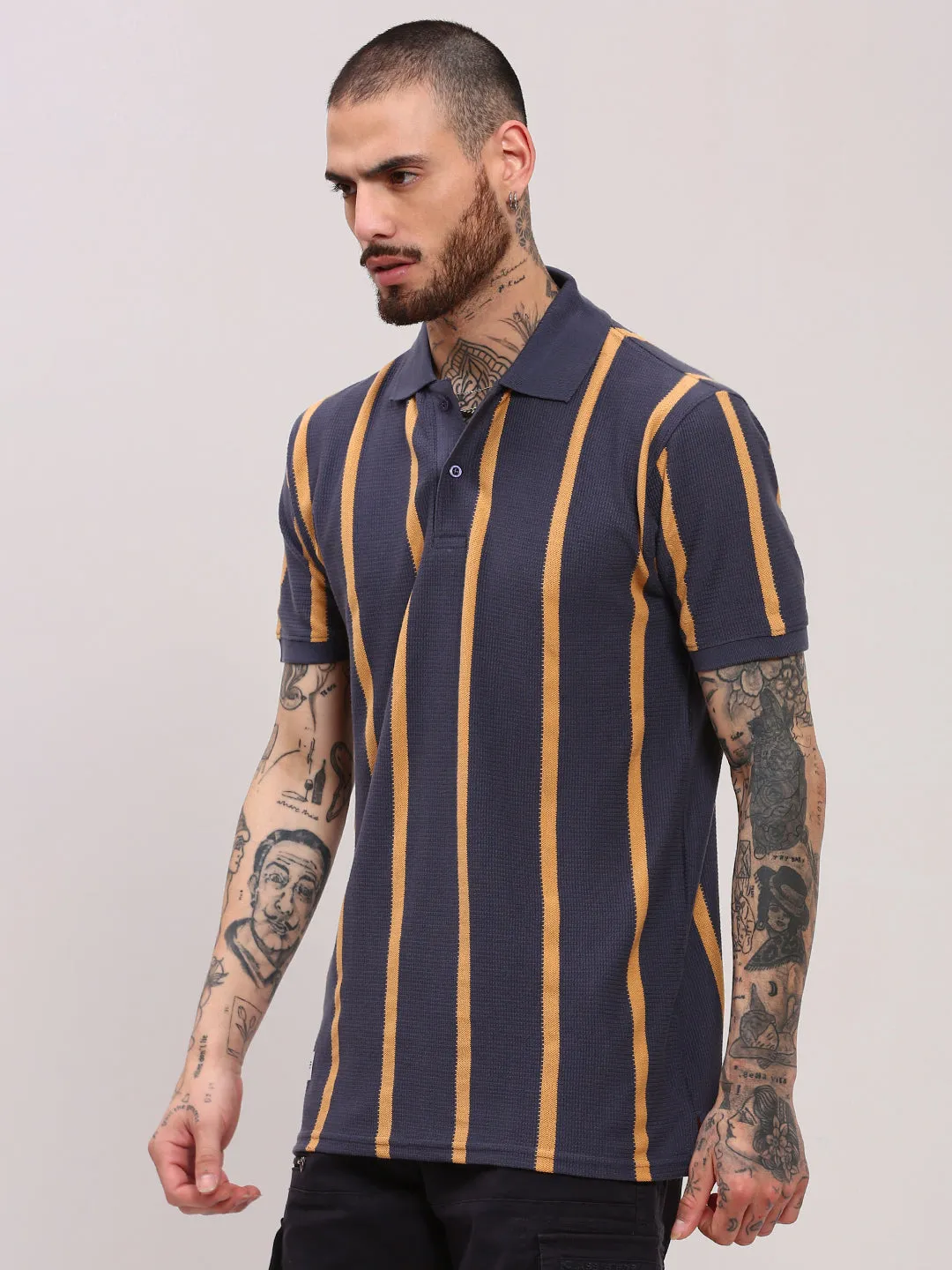 Kid Play Men's Grey Striped Polo Collar T-Shirt