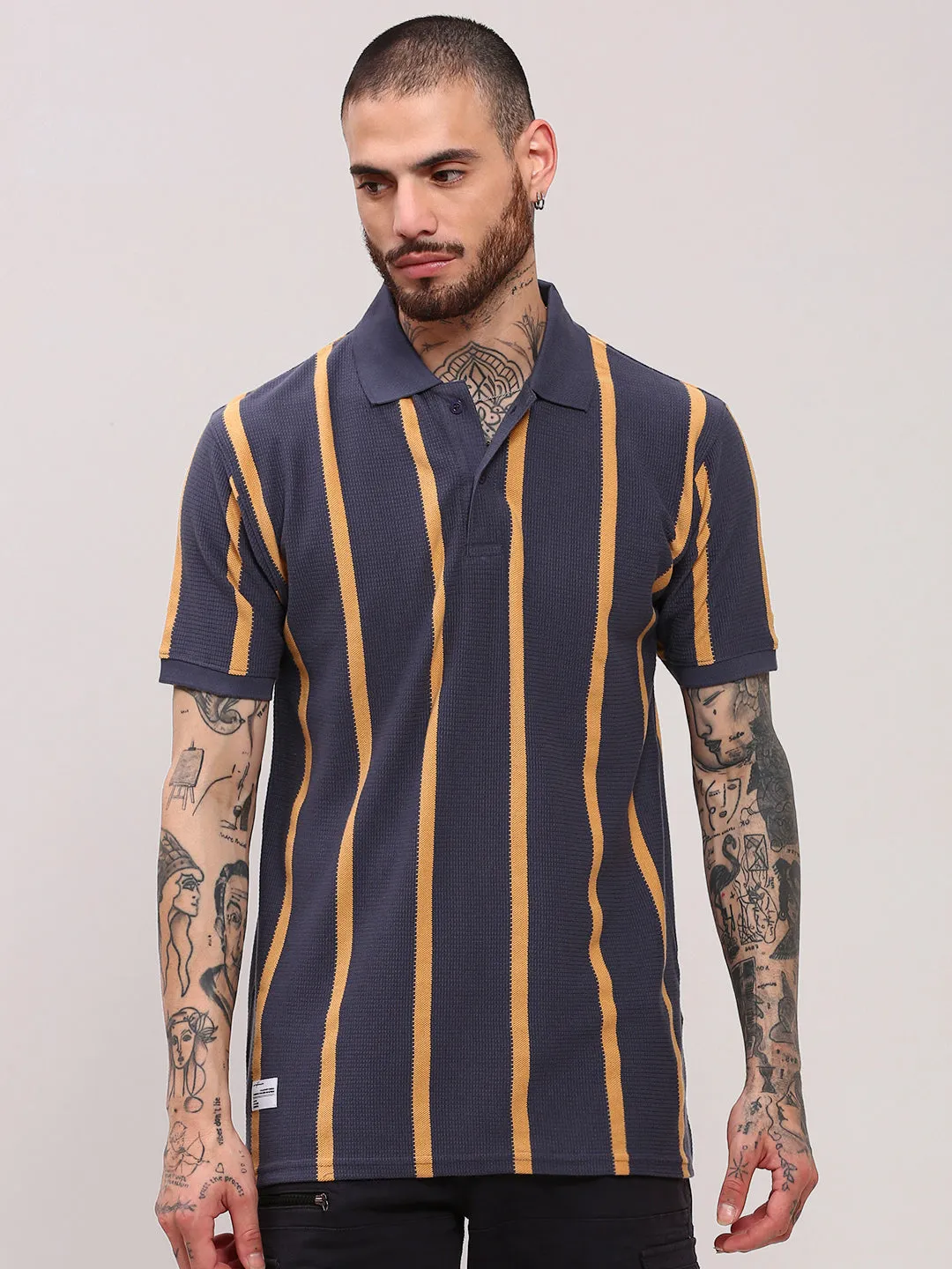 Bold Fashion Snow Core Men's Grey Striped Polo Collar T-Shirt