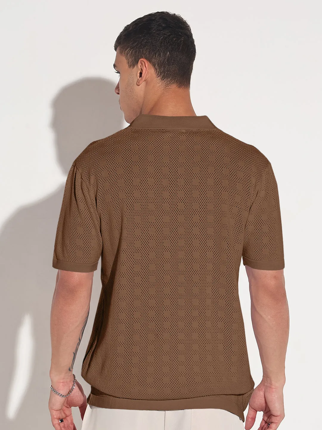 Men's Brown Polo Collar Regular Fit Semi Sheer T-Shirt Bold Step QuickDry Material