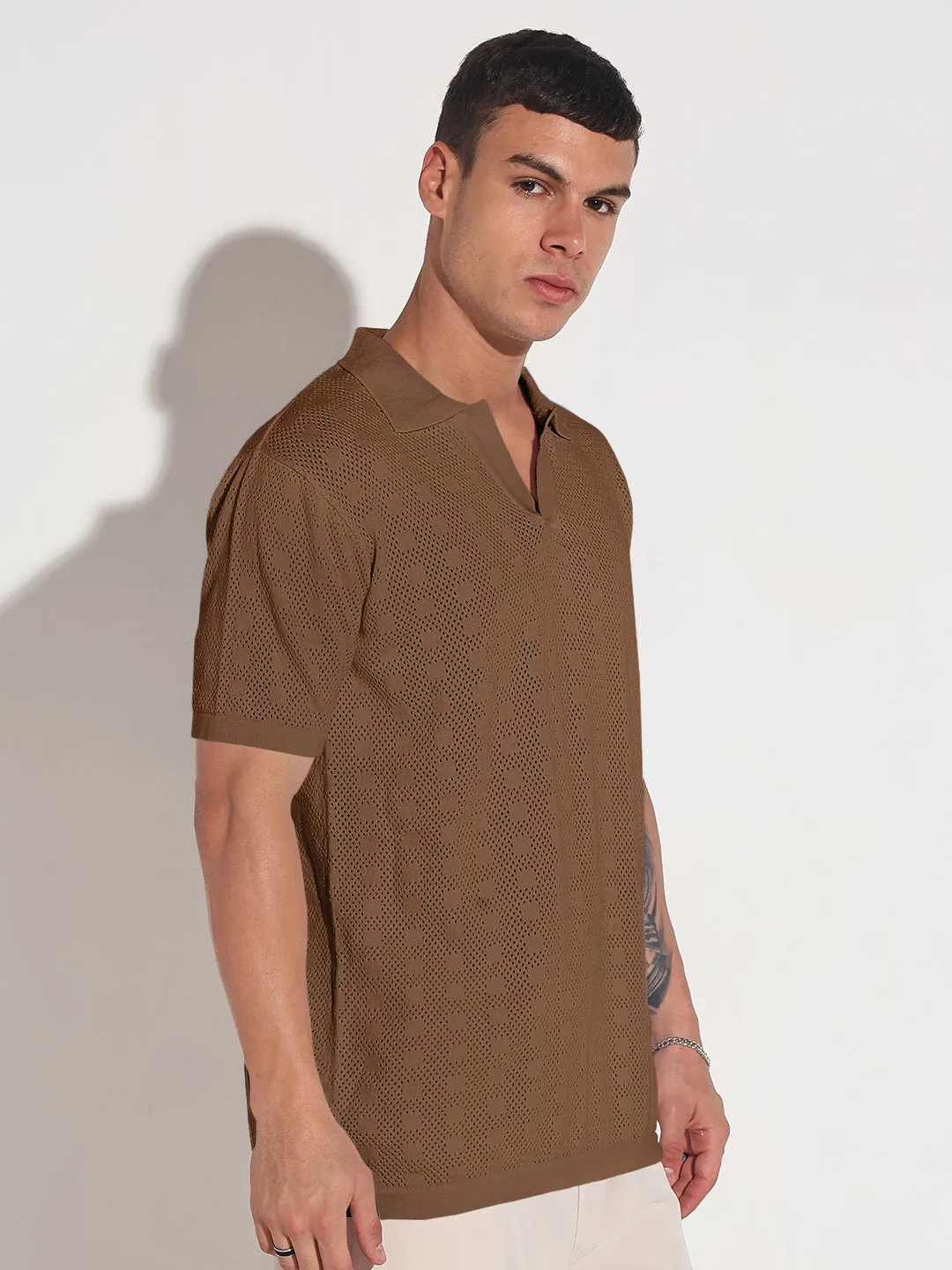 Korean Fresh Men's Brown Polo Collar Regular Fit Semi Sheer T-Shirt