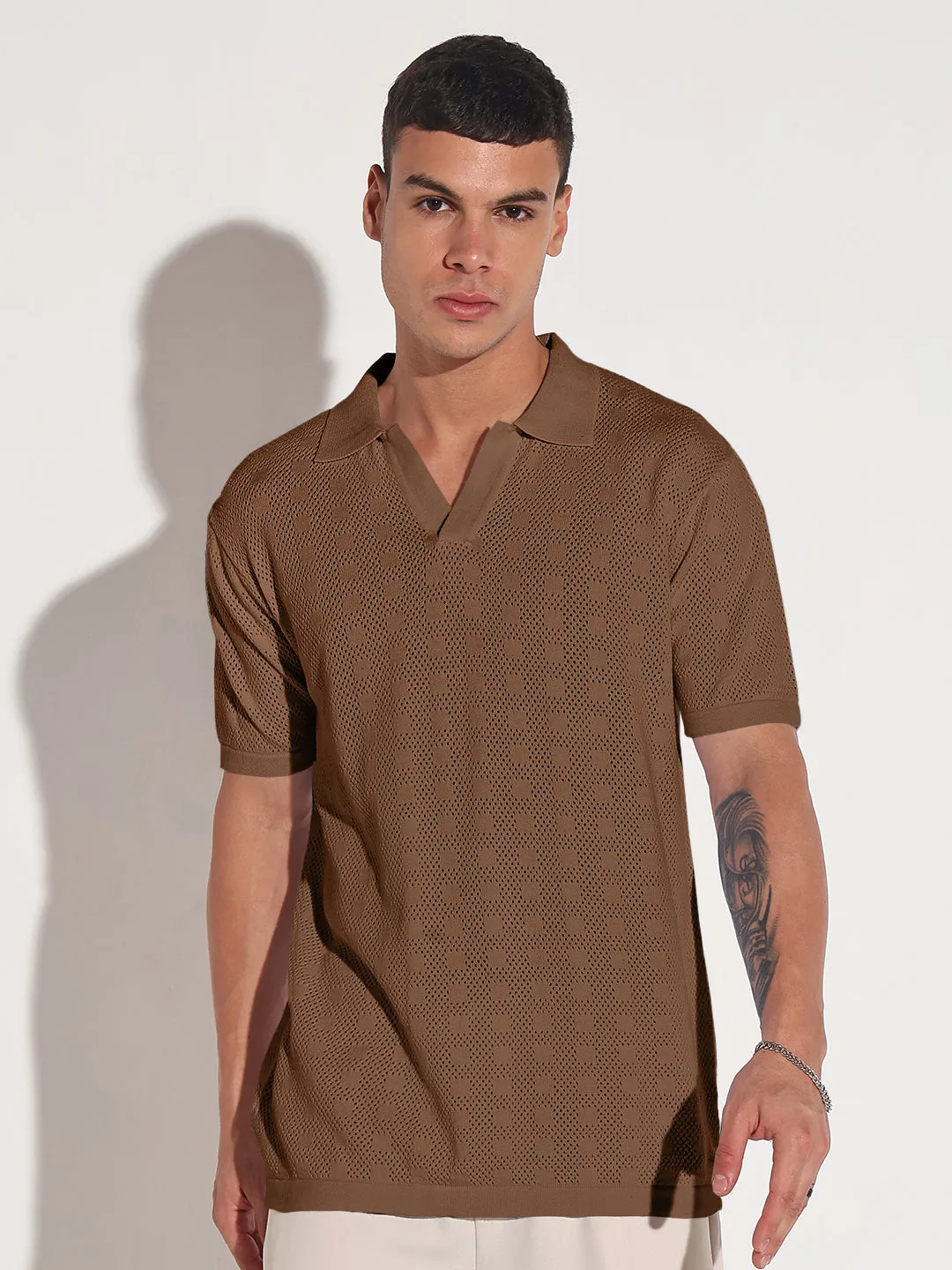 All-Day Fit Men's Brown Polo Collar Regular Fit Semi Sheer T-Shirt