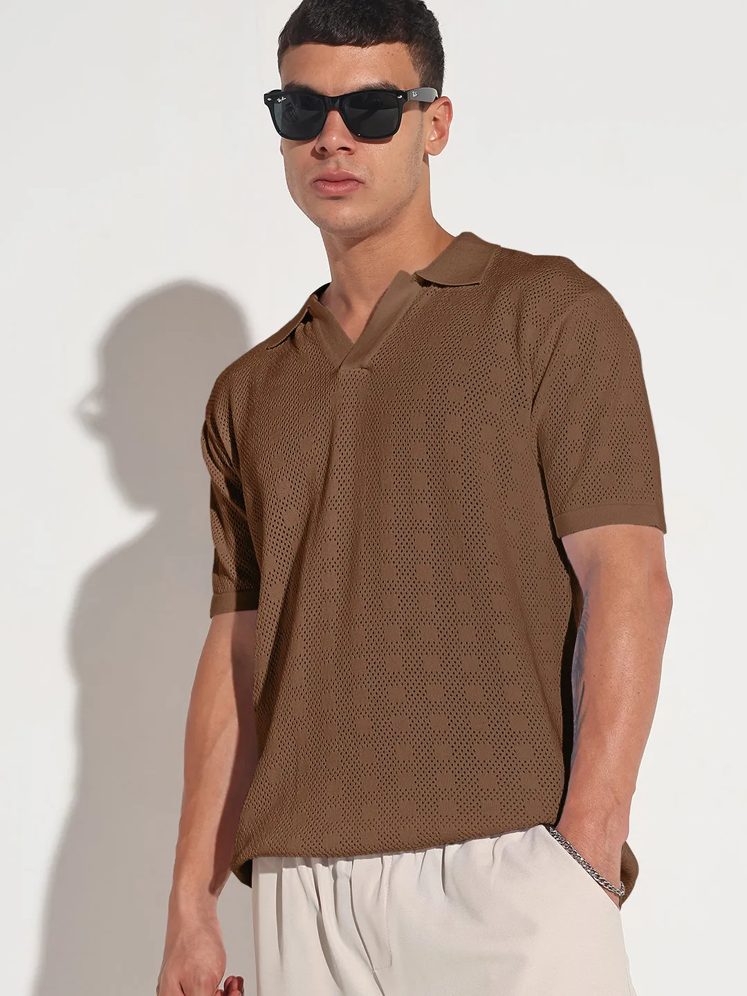 Relaxed trousers Men's Brown Polo Collar Regular Fit Semi Sheer T-Shirt