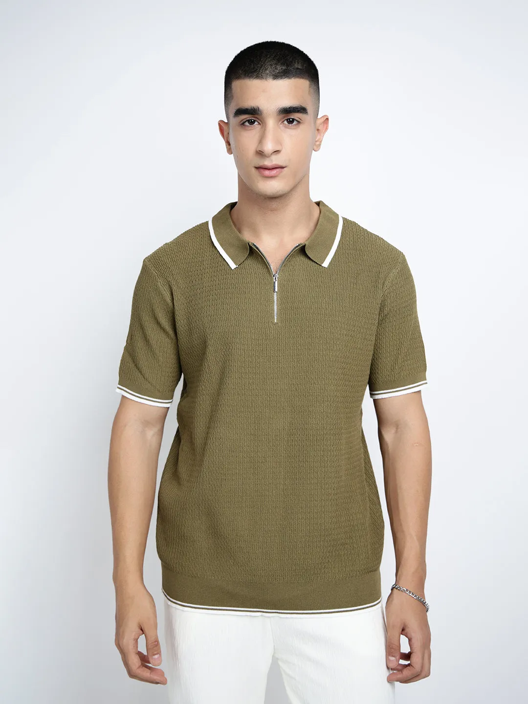 Men's Olive Short Sleeves Polo Collar Regular Fit T-Shirt with Zip Details ShapeRetentionCloth WaterRepellent Surface
