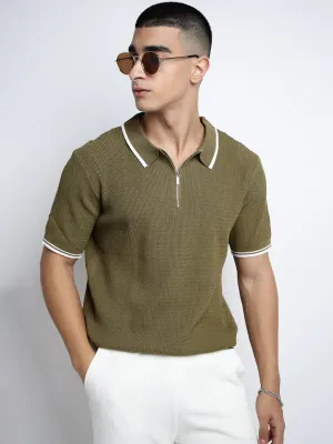 Picnic Fun Smart Casual Men's Olive Short Sleeves Polo Collar Regular Fit T-Shirt with Zip Details