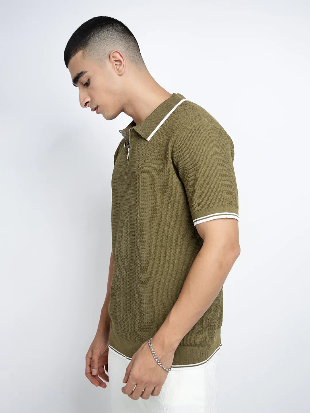 Sophisticated Style Men's Olive Short Sleeves Polo Collar Regular Fit T-Shirt with Zip Details