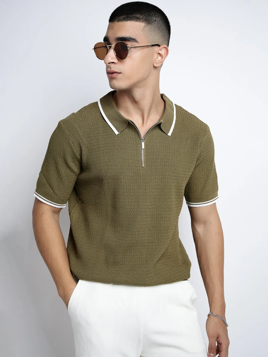 Picnic Fun Smart Casual Men's Olive Short Sleeves Polo Collar Regular Fit T-Shirt with Zip Details