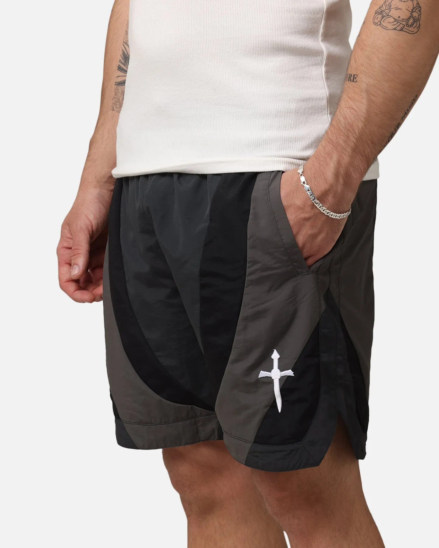 Saint Morta Holy Grail Nylon Shorts Black/Grey Chill Wear Tagless Labeling