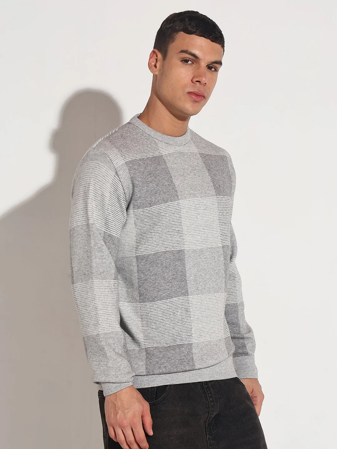 Flexible Rib Trimming Men's Checked Grey Ribbed Round Neck Sweater