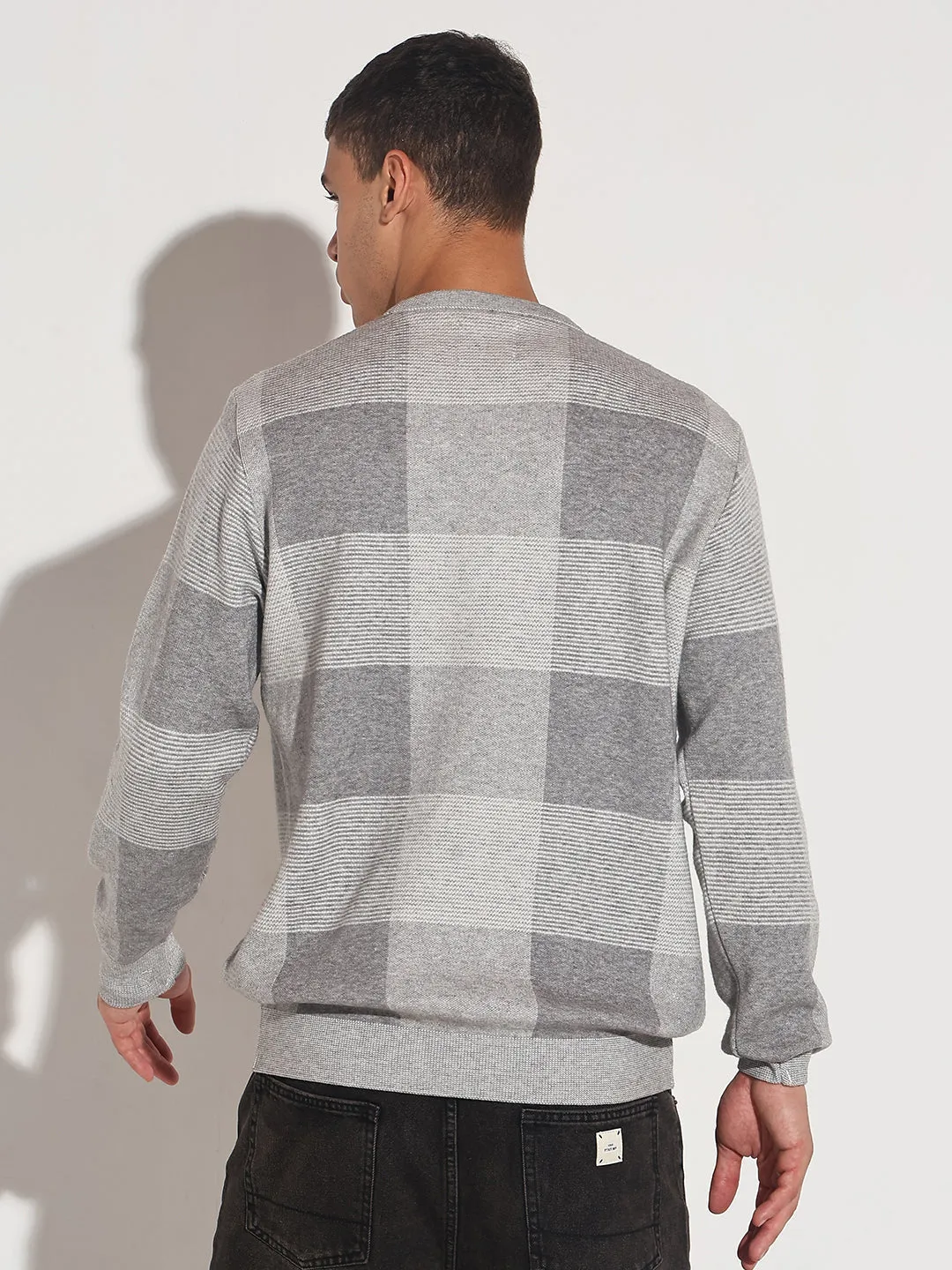 Day Wear Ready Style Men's Checked Grey Ribbed Round Neck Sweater