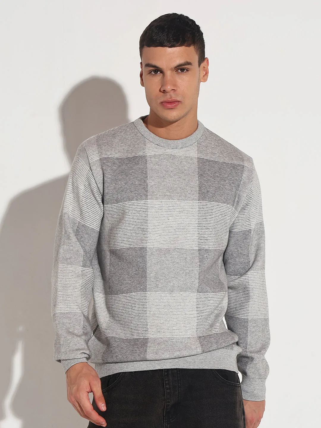 Men's Checked Grey Ribbed Round Neck Sweater Seasonal Warmth Relaxed Trend