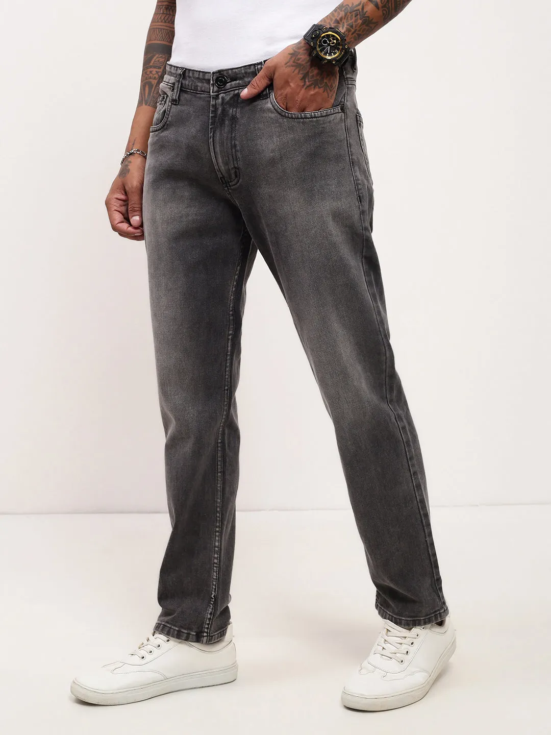 Men's Grey Solid Straight Fit Stretchable Jeans Lightweight Choice Unisex Wear Artist Vibe