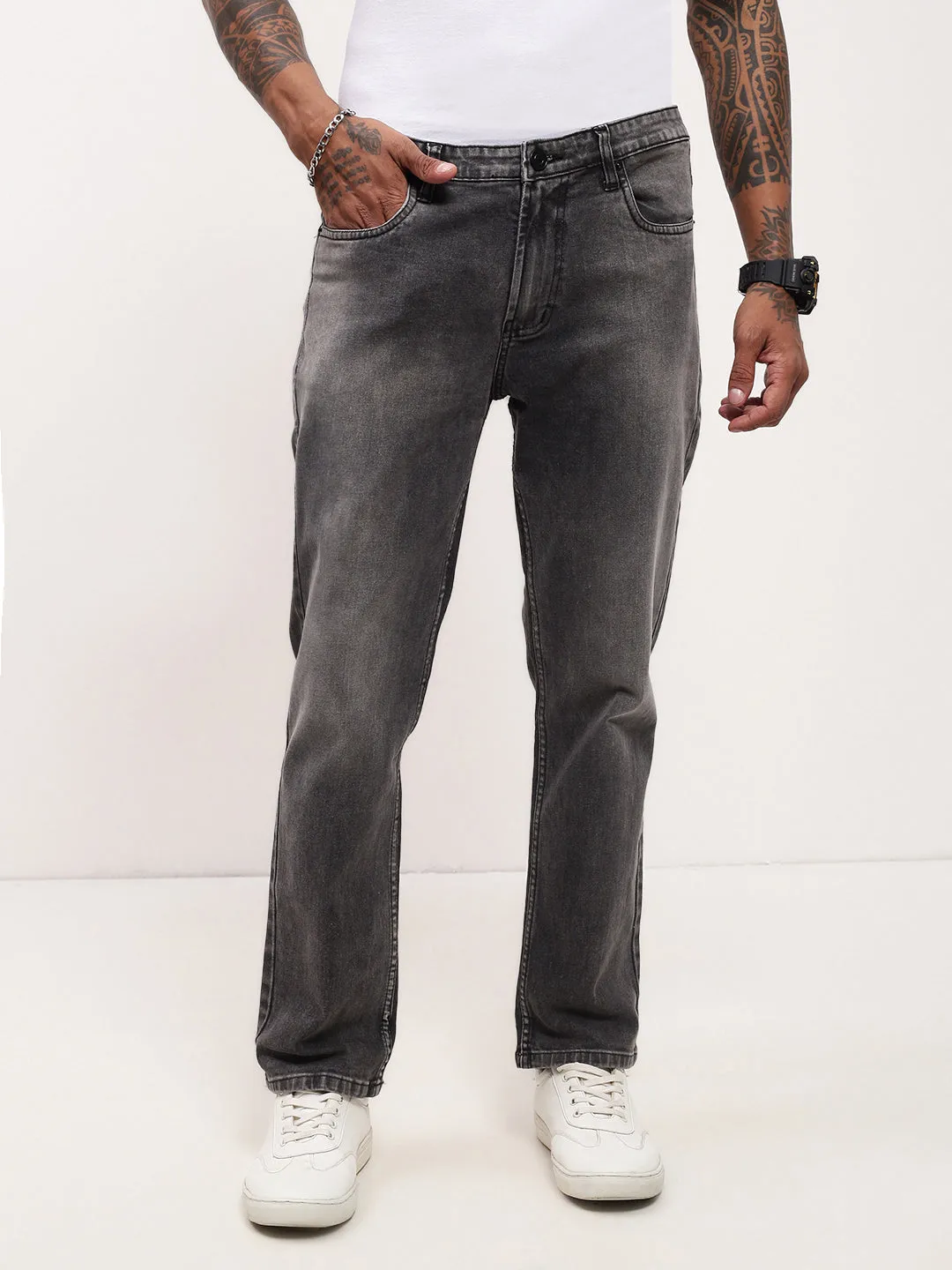 Men's Grey Solid Straight Fit Stretchable Jeans Abrasion Resistant Fabric Summer Vibes