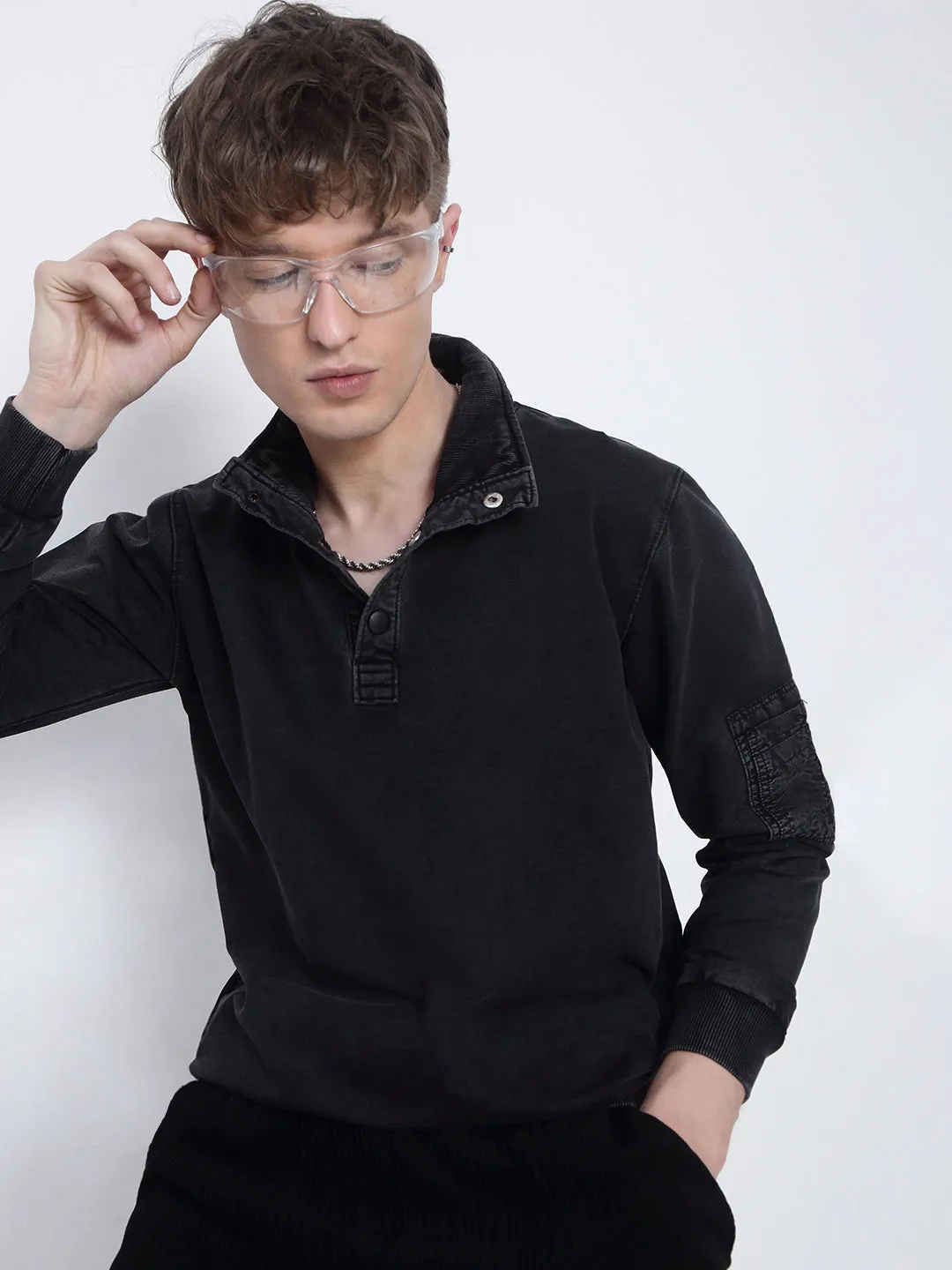 Plaid Design product neutral versatility Men's Charcoal High Neck Sweatshirt